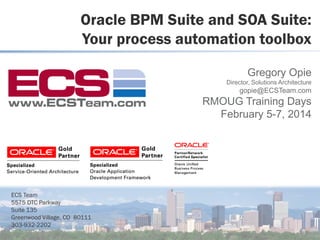 Oracle BPM Suite and SOA Suite:
Your process automation toolbox
Gregory Opie
Director, Solutions Architecture

gopie@ECSTeam.com

RMOUG Training Days
February 5-7, 2014

ECS Team
5575 DTC Parkway
Suite 135
Greenwood Village, CO 80111
303-932-2202

 