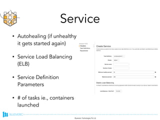 Service
• Autohealing (if unhealthy
it gets started again)
• Service Load Balancing
(ELB)
• Service Definition
Parameters
• # of tasks ie., containers
launched
 