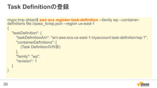 30
Task Definitionの登録
mypc:tmp ohtani$ aws ecs register-task-definition --family wp --container-
definitions file://pass_t...