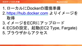 ECSやってみた手順 #kumonokai
1. ローカルにDockerの環境準備
2. https://hub.docker.com よりイメージを
取得
3. イメージをECRにアップロード
4. ECSの設定、起動(EC2 Type, Fargate)
5. ブラウザからアクセス
 