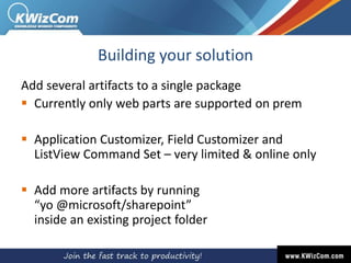 Building your solution
Add several artifacts to a single package
 Currently only web parts are supported on prem
 Application Customizer, Field Customizer and
ListView Command Set – very limited & online only
 Add more artifacts by running
“yo @microsoft/sharepoint”
inside an existing project folder
 
