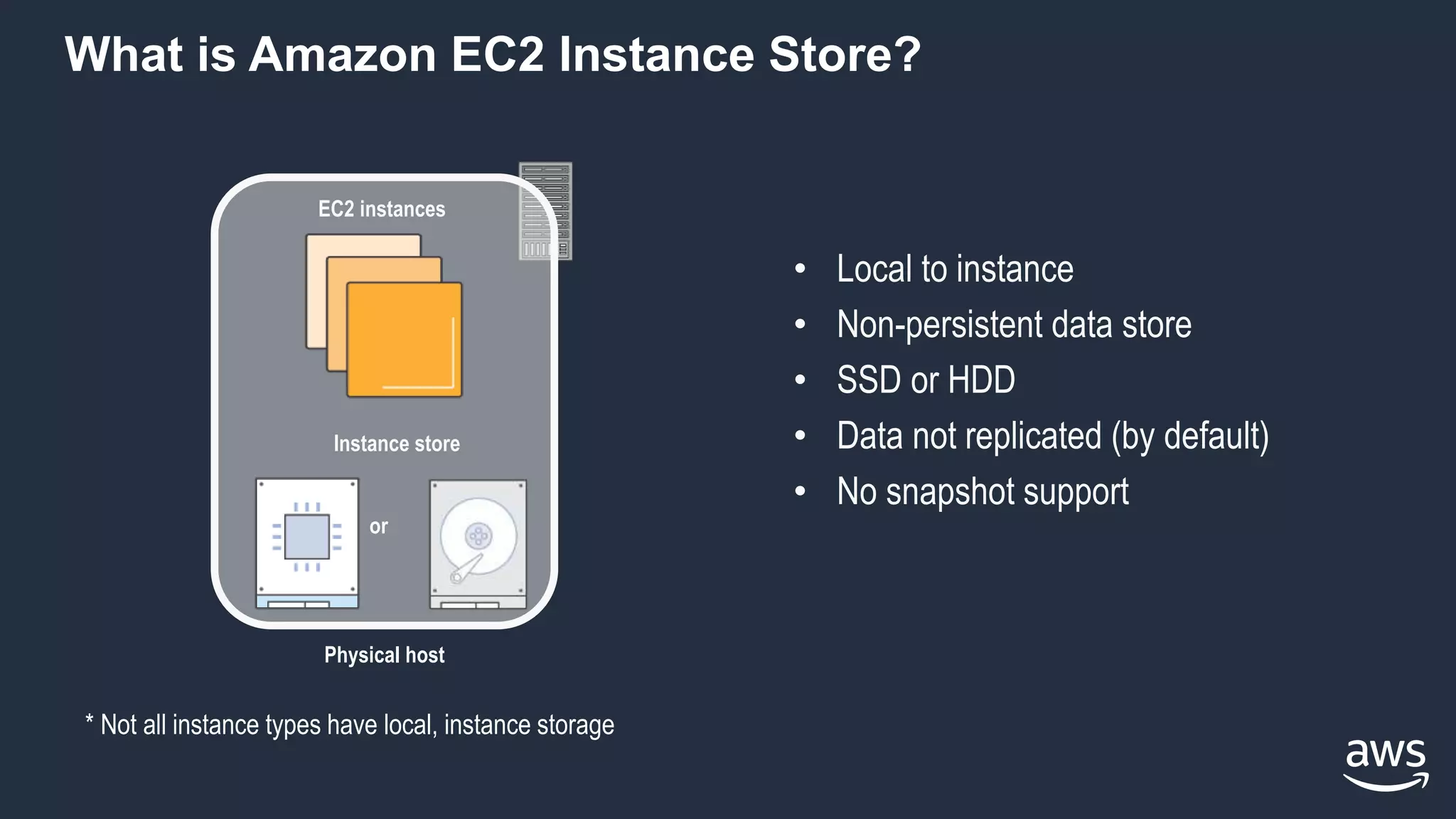 What is Amazon EC2 Instance Store?
• Local to instance
• Non-persistent data store
• SSD or HDD
• Data not replicated (by default)
• No snapshot support
EC2 instances
Physical host
Instance store
or
* Not all instance types have local, instance storage
 