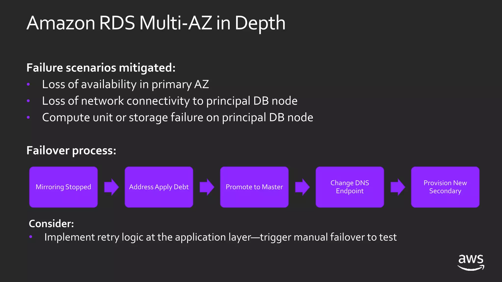 AmazonRDS Multi-AZin Depth
Failure scenarios mitigated:
• Loss of availability in primary AZ
• Loss of network connectivity to principal DB node
• Compute unit or storage failure on principal DB node
Failover process:
Mirroring Stopped AddressApply Debt Promote to Master
Change DNS
Endpoint
Provision New
Secondary
Consider:
• Implement retry logic at the application layer—trigger manual failover to test
 