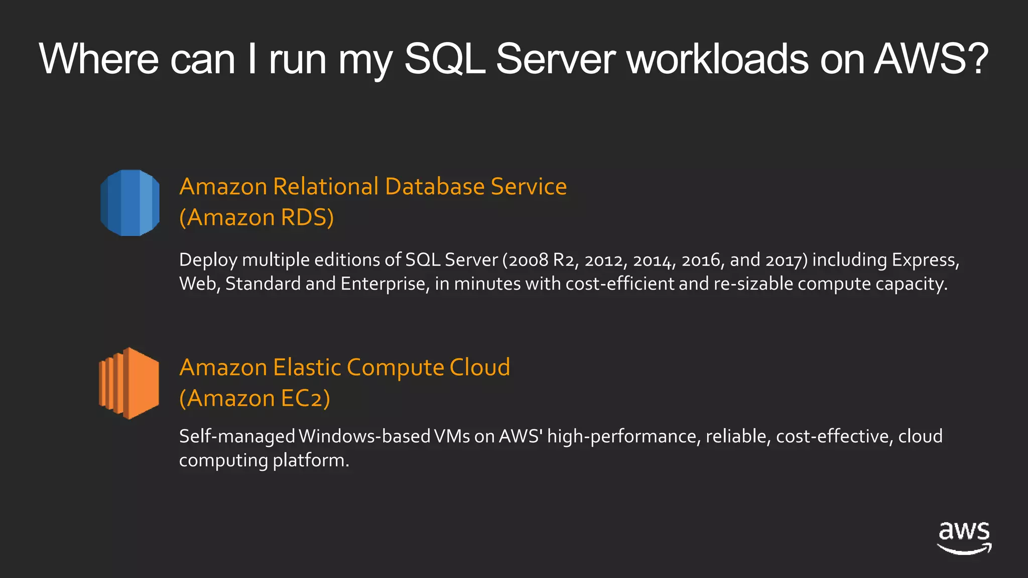 Where can I run my SQL Server workloads on AWS?
Amazon Relational Database Service
(Amazon RDS)
Amazon Elastic Compute Cloud
(Amazon EC2)
Deploy multiple editions of SQL Server (2008 R2, 2012, 2014, 2016, and 2017) including Express,
Web, Standard and Enterprise, in minutes with cost-efficient and re-sizable compute capacity.
Self-managedWindows-basedVMs on AWS' high-performance, reliable, cost-effective, cloud
computing platform.
 