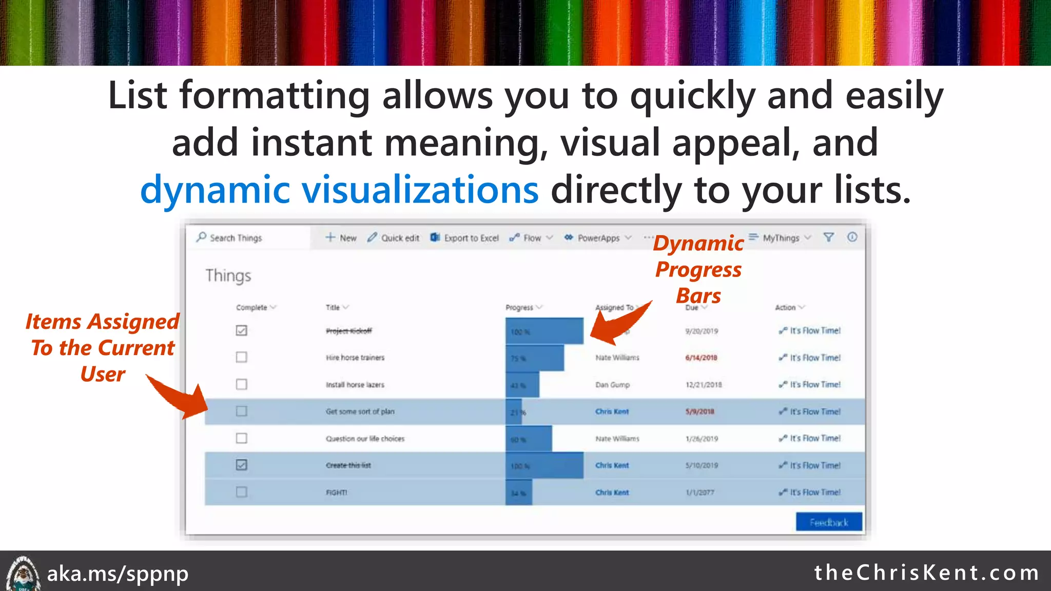 theChri sKent.c omaka.ms/sppnp
Items Assigned
To the Current
User
Dynamic
Progress
Bars
List formatting allows you to quickly and easily
add instant meaning, visual appeal, and
dynamic visualizations directly to your lists.
 