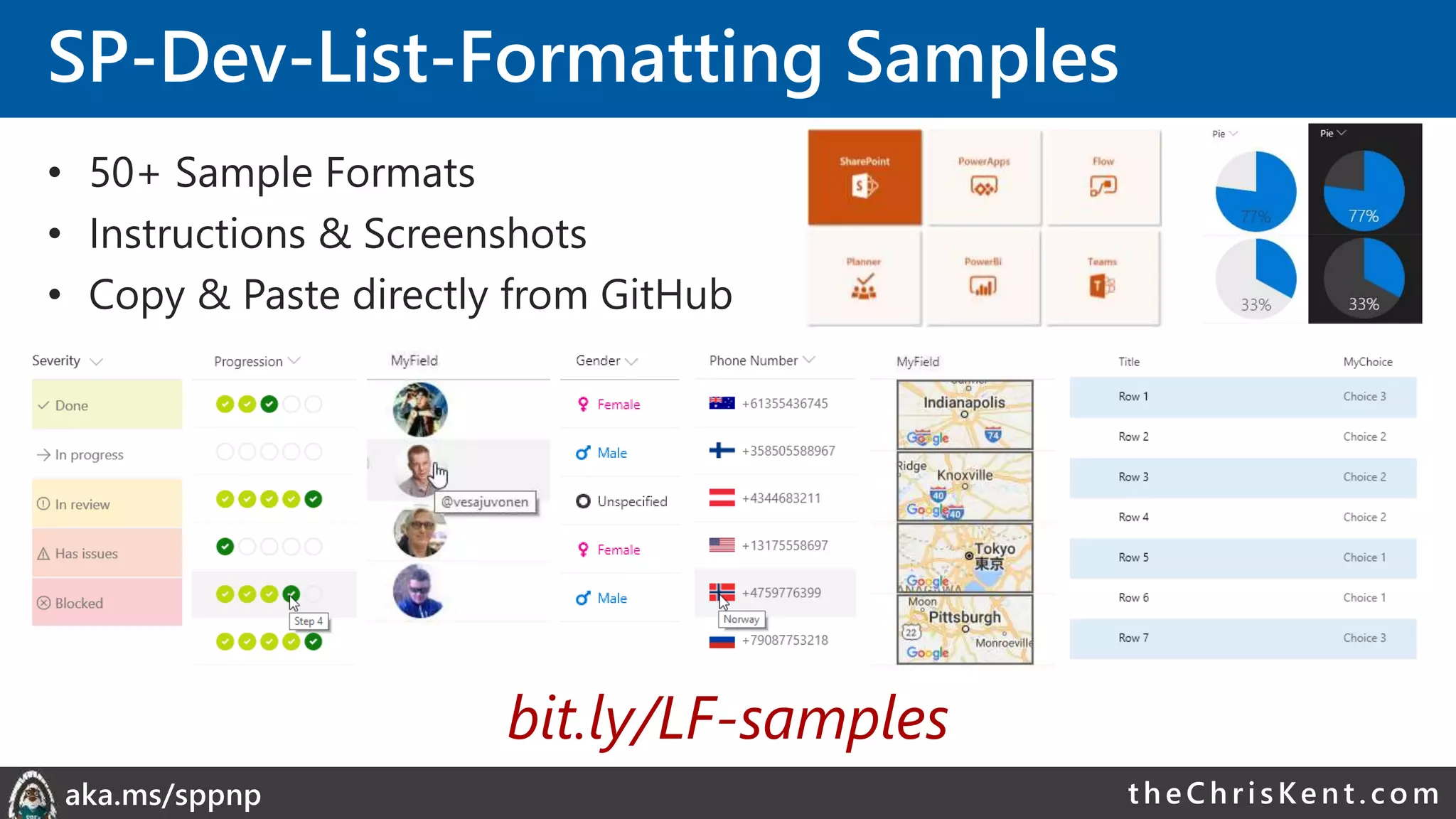 theChri sKent.c omaka.ms/sppnp
SP-Dev-List-Formatting Samples
• 50+ Sample Formats
• Instructions & Screenshots
• Copy & Paste directly from GitHub
bit.ly/LF-samples
 