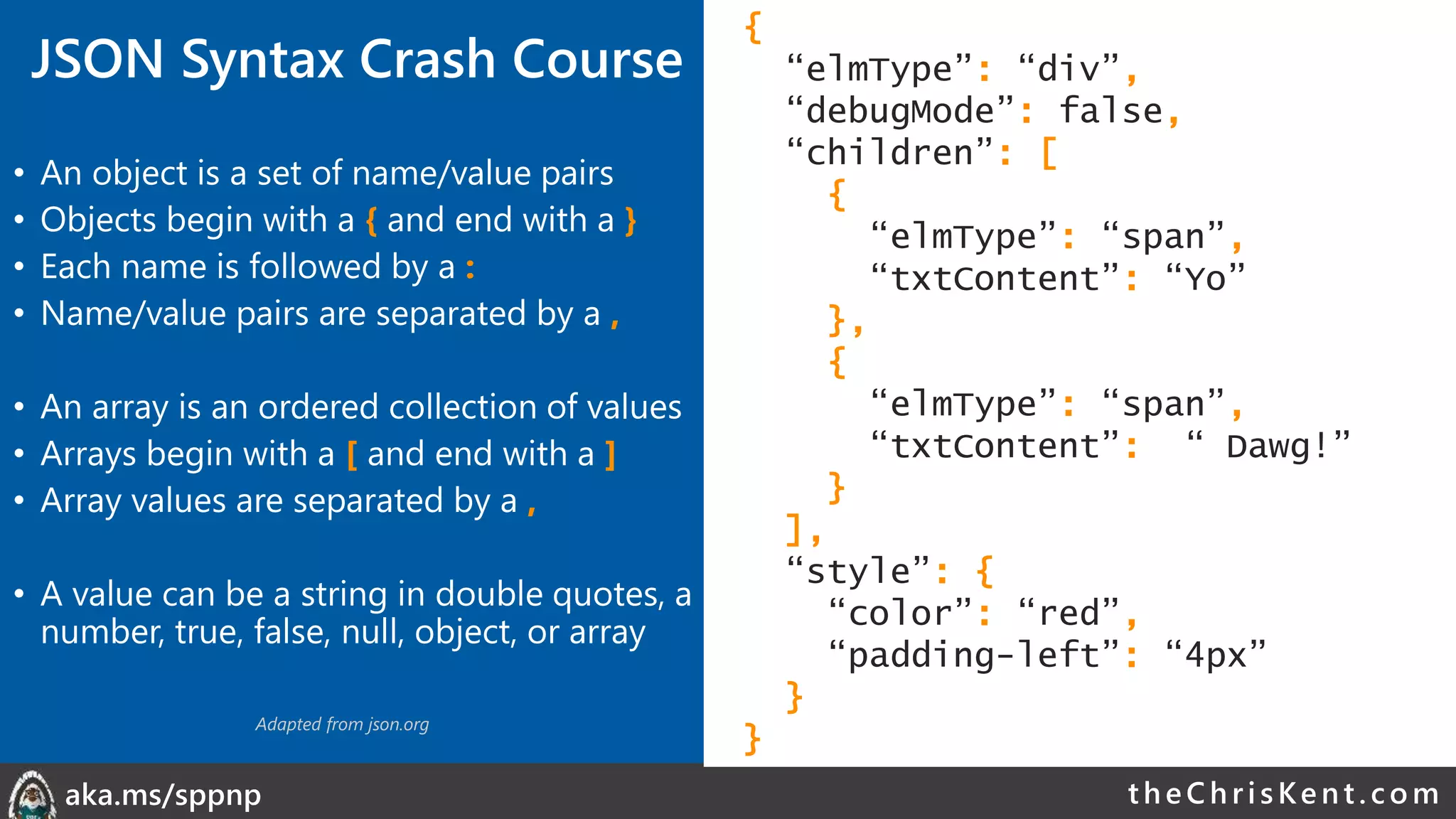 theChri sKent.c omaka.ms/sppnp
{
“elmType”: “div”,
“debugMode”: false,
“children”: [
{
“elmType”: “span”,
“txtContent”: “Yo”
},
{
“elmType”: “span”,
“txtContent”: “ Dawg!”
}
],
“style”: {
“color”: “red”,
“padding-left”: “4px”
}
}
• An object is a set of name/value pairs
• Objects begin with a { and end with a }
• Each name is followed by a :
• Name/value pairs are separated by a ,
• An array is an ordered collection of values
• Arrays begin with a [ and end with a ]
• Array values are separated by a ,
• A value can be a string in double quotes, a
number, true, false, null, object, or array
Adapted from json.org
JSON Syntax Crash Course
 