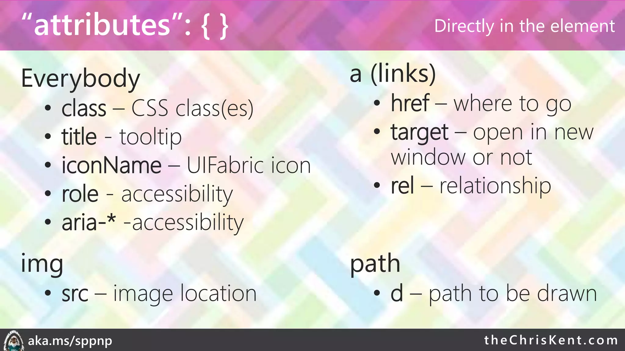 theChri sKent.c omaka.ms/sppnp
“attributes”: { }
Everybody
• class – CSS class(es)
• title - tooltip
• iconName – UIFabric icon
• role - accessibility
• aria-* -accessibility
a (links)
• href – where to go
• target – open in new
window or not
• rel – relationship
img
• src – image location
path
• d – path to be drawn
Directly in the element
 