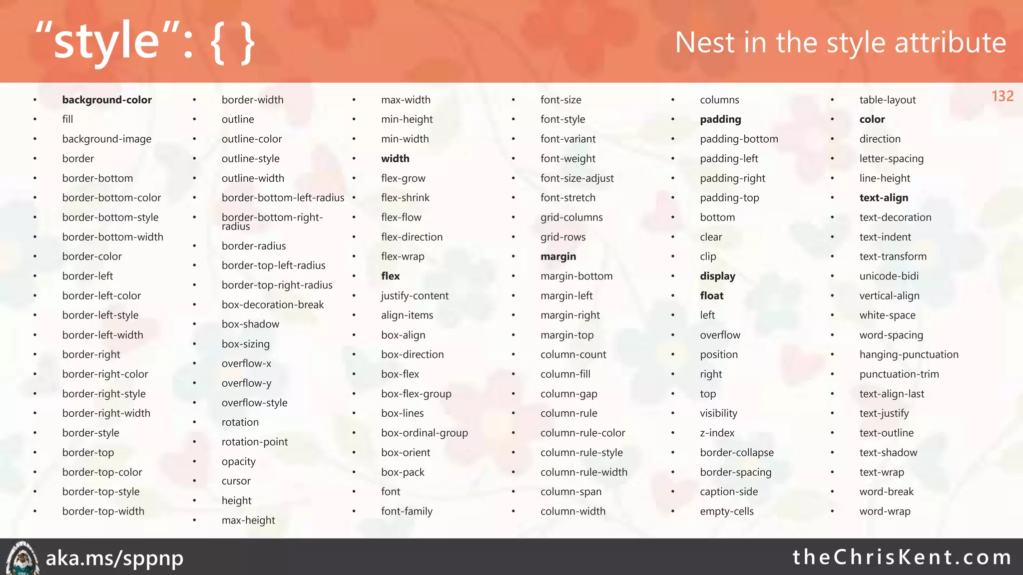 theChri sKent.c omaka.ms/sppnp
“style”: { }
• background-color
• fill
• background-image
• border
• border-bottom
• border-bottom-color
• border-bottom-style
• border-bottom-width
• border-color
• border-left
• border-left-color
• border-left-style
• border-left-width
• border-right
• border-right-color
• border-right-style
• border-right-width
• border-style
• border-top
• border-top-color
• border-top-style
• border-top-width
• border-width
• outline
• outline-color
• outline-style
• outline-width
• border-bottom-left-radius
• border-bottom-right-
radius
• border-radius
• border-top-left-radius
• border-top-right-radius
• box-decoration-break
• box-shadow
• box-sizing
• overflow-x
• overflow-y
• overflow-style
• rotation
• rotation-point
• opacity
• cursor
• height
• max-height
• max-width
• min-height
• min-width
• width
• flex-grow
• flex-shrink
• flex-flow
• flex-direction
• flex-wrap
• flex
• justify-content
• align-items
• box-align
• box-direction
• box-flex
• box-flex-group
• box-lines
• box-ordinal-group
• box-orient
• box-pack
• font
• font-family
• font-size
• font-style
• font-variant
• font-weight
• font-size-adjust
• font-stretch
• grid-columns
• grid-rows
• margin
• margin-bottom
• margin-left
• margin-right
• margin-top
• column-count
• column-fill
• column-gap
• column-rule
• column-rule-color
• column-rule-style
• column-rule-width
• column-span
• column-width
• columns
• padding
• padding-bottom
• padding-left
• padding-right
• padding-top
• bottom
• clear
• clip
• display
• float
• left
• overflow
• position
• right
• top
• visibility
• z-index
• border-collapse
• border-spacing
• caption-side
• empty-cells
• table-layout
• color
• direction
• letter-spacing
• line-height
• text-align
• text-decoration
• text-indent
• text-transform
• unicode-bidi
• vertical-align
• white-space
• word-spacing
• hanging-punctuation
• punctuation-trim
• text-align-last
• text-justify
• text-outline
• text-shadow
• text-wrap
• word-break
• word-wrap
Nest in the style attribute
132
 