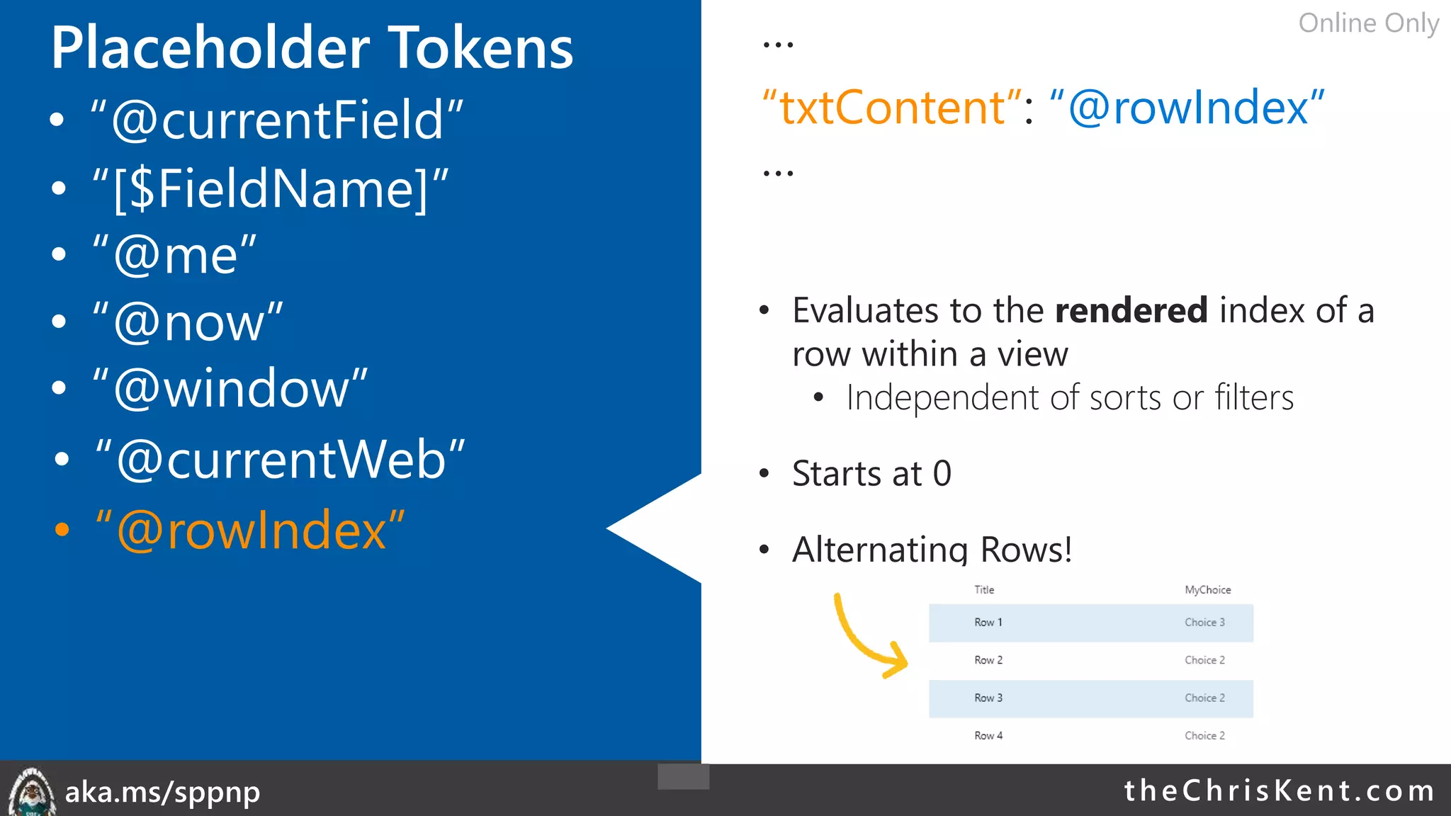 theChri sKent.c omaka.ms/sppnp
Placeholder Tokens …
“txtContent”: “@rowIndex”
…
• Evaluates to the rendered index of a
row within a view
• Independent of sorts or filters
• Starts at 0
• Alternating Rows!
• “@me”
• “@now”
• “@window”
• “@currentField”
• “@currentWeb”
• “[$FieldName]”
Online Only
• “@rowIndex”
 