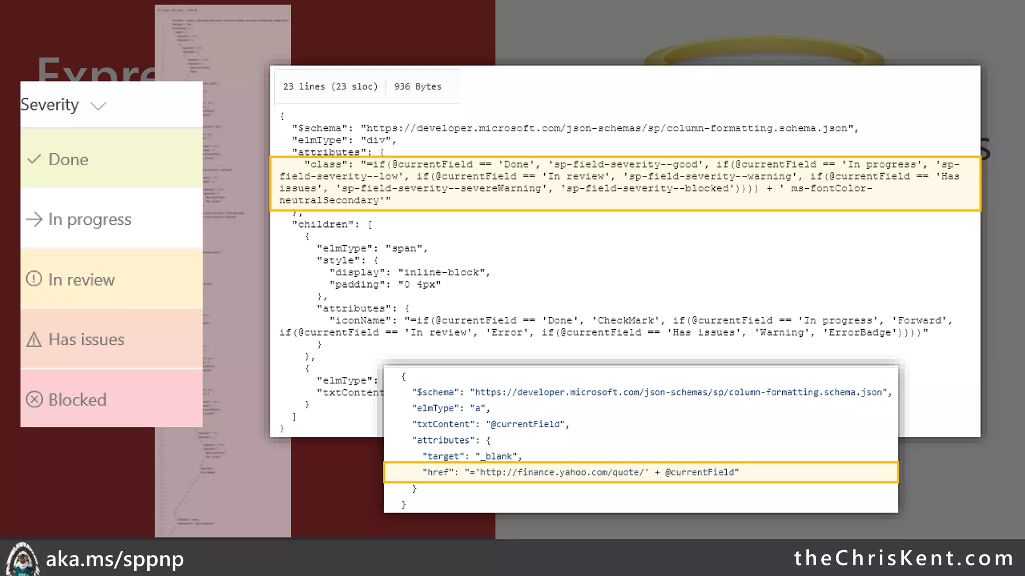 theChri sKent.c omaka.ms/sppnp
Expressions
• Abstract Syntax Tree
(AST)
• operator/operands
• Nest additional
expressions
• Excel-style expressions
• Single line
• Combine expressions
• Electrolytes
 