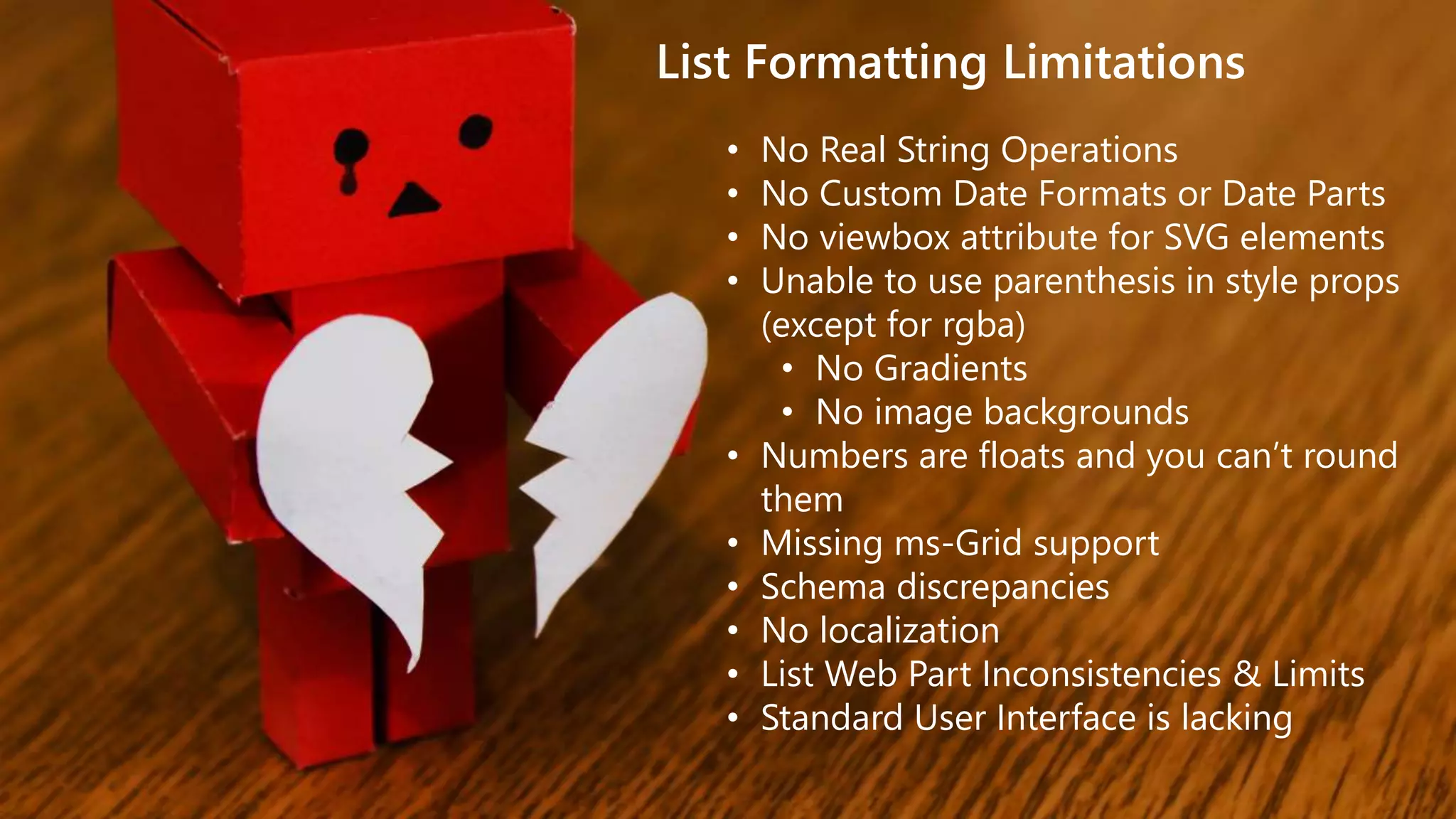 theChri sKent.c omaka.ms/sppnp
List Formatting Limitations
• No Real String Operations
• No Custom Date Formats or Date Parts
• No viewbox attribute for SVG elements
• Unable to use parenthesis in style props
(except for rgba)
• No Gradients
• No image backgrounds
• Numbers are floats and you can’t round
them
• Missing ms-Grid support
• Schema discrepancies
• No localization
• List Web Part Inconsistencies & Limits
• Standard User Interface is lacking
 