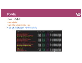 Updates
• Local vs.Global
• npm outdated
• npm install package@version –save
• o365 spfx project upgrade –toVersion [version]
 