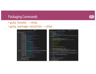 Packaging Commands
• gulp bundle --ship
• gulp package-solution --ship
 