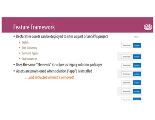 Feature Framework
• DeclarativeassetscanbedeployedtositesaspartofanSPFxproject
• Fields
• Site Columns
• Content Types
• List Instances
• Usesthesame“Elements”structureaslegacysolutionpackages
• Assetsareprovisionedwhensolution(“app”) isinstalled
…andretractedwhenit’sremoved!
 