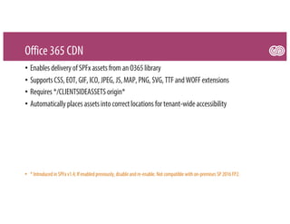 Office 365 CDN
• EnablesdeliveryofSPFxassetsfromanO365library
• SupportsCSS,EOT,GIF,ICO,JPEG,JS,MAP,PNG,SVG,TTFandWOFFextensions
• Requires*/CLIENTSIDEASSETSorigin*
• Automaticallyplacesassetsintocorrectlocationsfor tenant-wideaccessibility
• * Introduced in SPFx v1.4; If enabled previously, disable and re-enable. Not compatible with on-premises SP 2016 FP2.
 