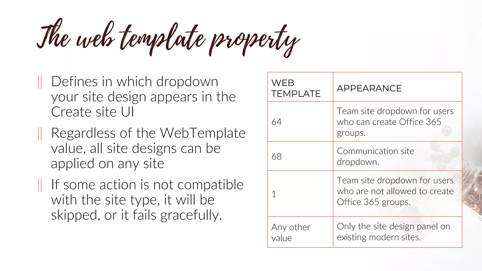 ‖ Defines in which dropdown
your site design appears in the
Create site UI
‖ Regardless of the WebTemplate
value, all site designs can be
applied on any site
‖ If some action is not compatible
with the site type, it will be
skipped, or it fails gracefully.
64
Team site dropdown for users
who can create Office 365
groups.
68
Communication site
dropdown.
1
Team site dropdown for users
who are not allowed to create
Office 365 groups.
Any other
value
Only the site design panel on
existing modern sites.
 