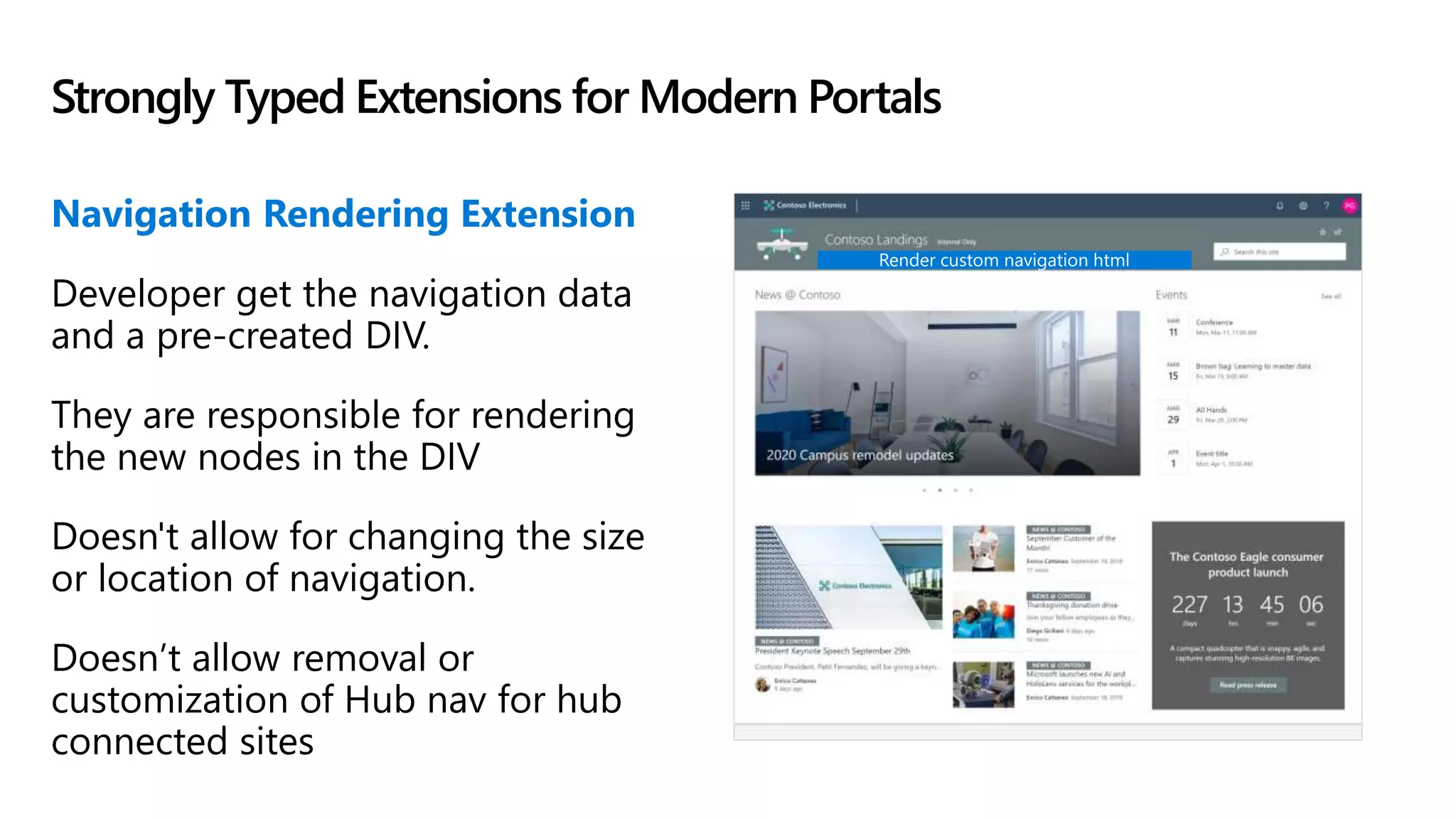 Strongly Typed Extensions for Modern Portals
Navigation Rendering Extension
Developer get the navigation data
and a pre-created DIV.
They are responsible for rendering
the new nodes in the DIV
Doesn't allow for changing the size
or location of navigation.
Doesn’t allow removal or
customization of Hub nav for hub
connected sites
 