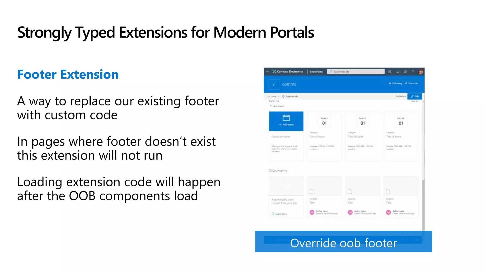 Strongly Typed Extensions for Modern Portals
Footer Extension
A way to replace our existing footer
with custom code
In pages where footer doesn’t exist
this extension will not run
Loading extension code will happen
after the OOB components load
 