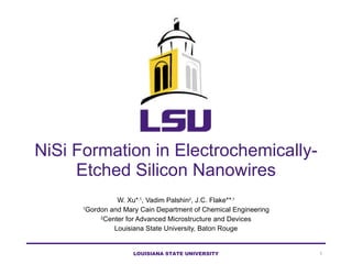 NiSi Formation in Electrochemically-Etched Silicon Nanowires W. Xu* ,1 , Vadim Palshin 2 , J.C. Flake** ,1 1 Gordon and Mary Cain Department of Chemical Engineering 2 Center for Advanced Microstructure and Devices Louisiana State University, Baton Rouge LOUISIANA STATE UNIVERSITY 