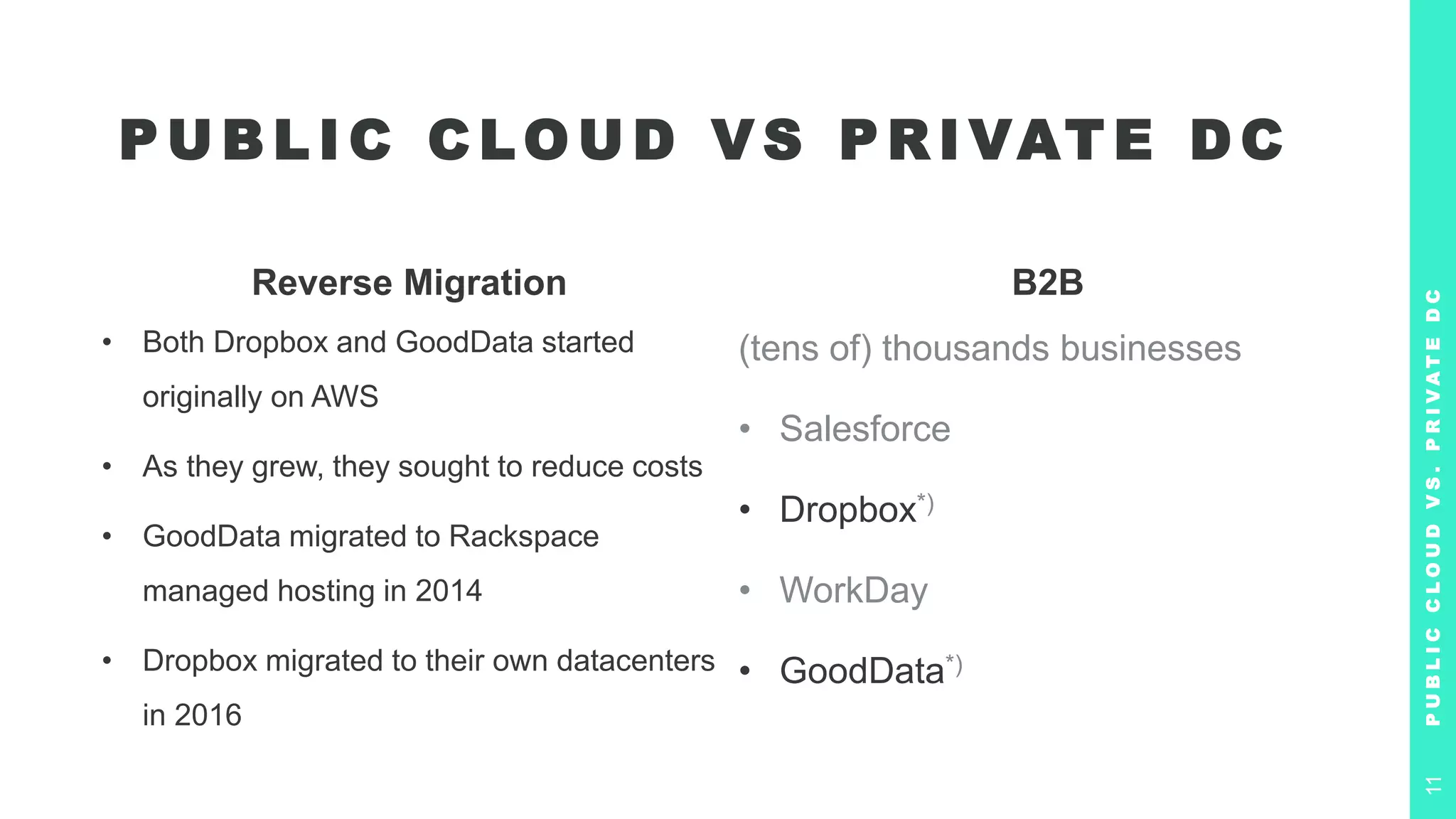 Reverse Migration
• Both Dropbox and GoodData started
originally on AWS
• As they grew, they sought to reduce costs
• GoodData migrated to Rackspace
managed hosting in 2014
• Dropbox migrated to their own datacenters
in 2016
B2B
(tens of) thousands businesses
• Salesforce
• Dropbox*)
• WorkDay
• GoodData*)
P U B L I C C LO U D V S P R I VAT E D C
P
U
B
L
I
C
C
L
O
U
D
V
S
.
P
R
I
V
A
T
E
D
C
11
 