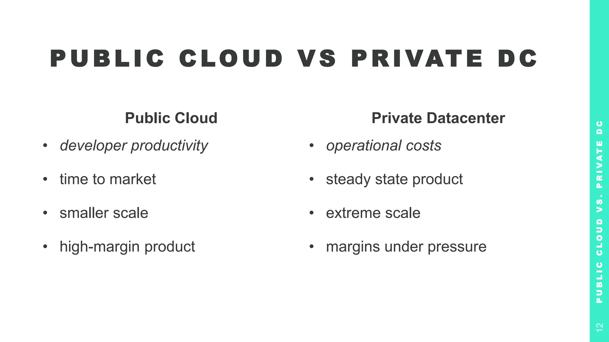 Public Cloud
• developer productivity
• time to market
• smaller scale
• high-margin product
Private Datacenter
• operational costs
• steady state product
• extreme scale
• margins under pressure
P U B L I C C LO U D V S P R I VAT E D C
P
U
B
L
I
C
C
L
O
U
D
V
S
.
P
R
I
V
A
T
E
D
C
12
 