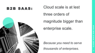 B 2 B S A A S : Cloud scale is at lest
three orders of
magnitude bigger than
enterprise scale.
Because you need to serve
thousands of enterprises.
C
L
O
U
D
S
C
A
L
E
B
2
B
S
A
A
S
10
 