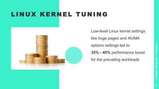L I N U X K E R N E L T U N I N G
Low-level Linux kernel settings
like huge pages and NUMA
options settings led to
35% - 40% performance boost
for the prevailing workloads
L
I
N
U
X
K
E
R
N
E
L
T
U
N
I
N
G
23
 