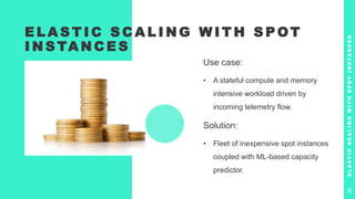 E L A S T I C S C A L I N G W I T H S P OT
I N S TA N C E S
Use case:
• A stateful compute and memory
intensive workload driven by
incoming telemetry flow.
Solution:
• Fleet of inexpensive spot instances
coupled with ML-based capacity
predictor.
E
L
A
S
T
I
C
S
C
A
L
I
N
G
W
I
T
H
S
P
O
T
I
N
S
T
A
N
C
E
S
25
 