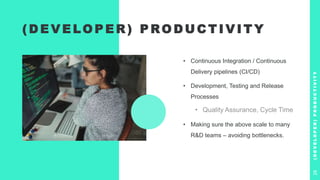 ( D E V E LO P E R ) P RO D U C T I V I T Y
• Continuous Integration / Continuous
Delivery pipelines (CI/CD)
• Development, Testing and Release
Processes
• Quality Assurance, Cycle Time
• Making sure the above scale to many
R&D teams – avoiding bottlenecks.
(
D
E
V
E
L
O
P
E
R
)
P
R
O
D
U
C
T
I
V
I
T
Y
28
 