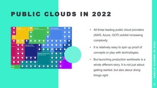 P U B L I C C LO U D S I N 2 0 2 2
• All three leading public cloud providers
(AWS, Azure, GCP) exhibit increasing
complexity.
• It is relatively easy to spin up proof of
concepts or play with technologies.
• But launching production workloads is a
whole different story. It is not just about
getting started, but also about doing
things right.
P
U
B
L
I
C
C
L
O
U
D
S
I
N
2
0
2
2
35
 