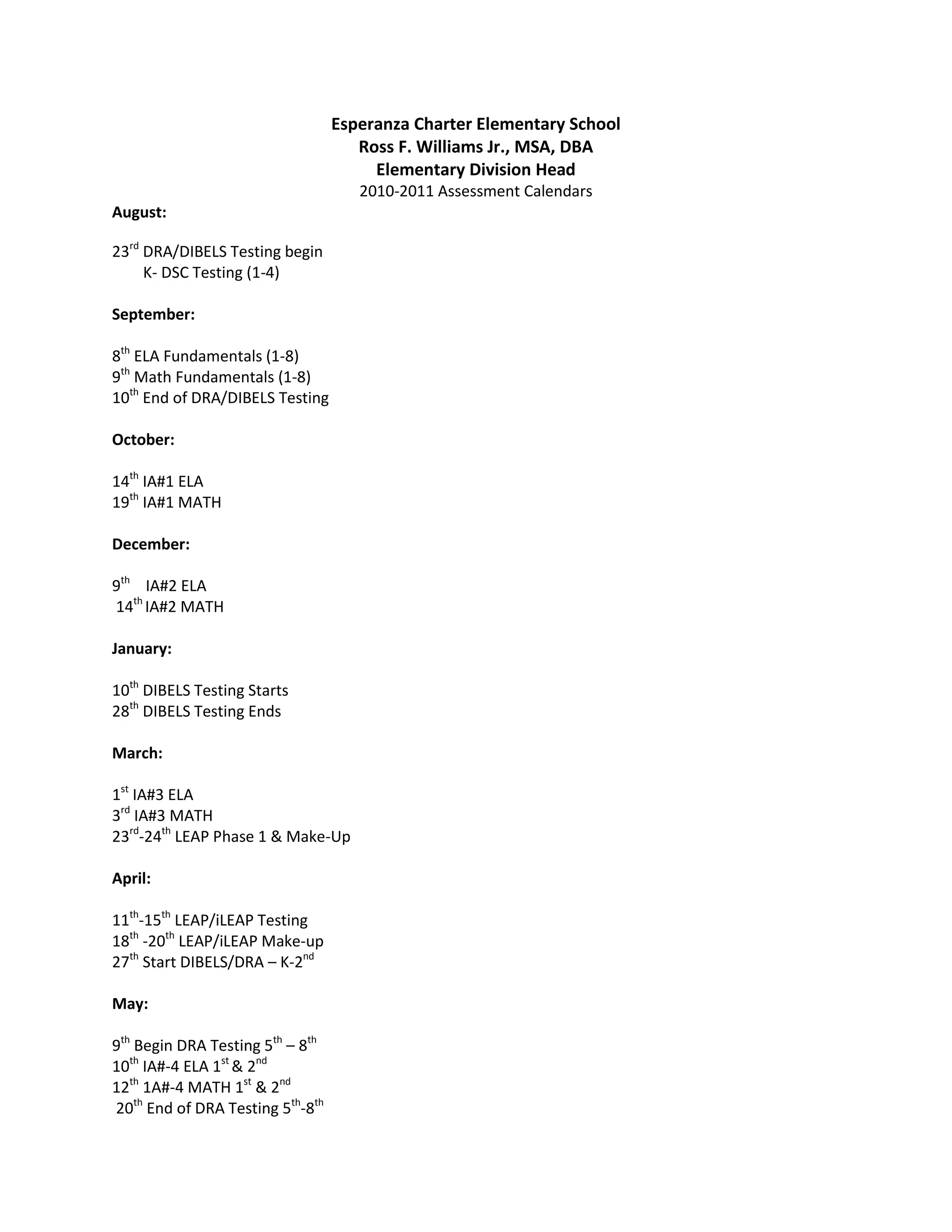 Esperanza Charter Elementary Assessment Calendars 20102011 PDF