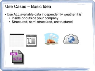 ● Use ALL available data independently weather it is
● Inside or outside your company
● Structured, semi-structured, unstructured
Use Cases – Basic Idea
 