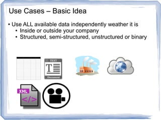 ● Use ALL available data independently weather it is
● Inside or outside your company
● Structured, semi-structured, unstructured or binary
Use Cases – Basic Idea
 