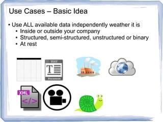● Use ALL available data independently weather it is
● Inside or outside your company
● Structured, semi-structured, unstructured or binary
● At rest
Use Cases – Basic Idea
 