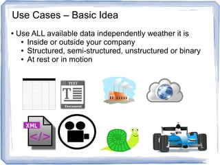 ● Use ALL available data independently weather it is
● Inside or outside your company
● Structured, semi-structured, unstructured or binary
● At rest or in motion
Use Cases – Basic Idea
 