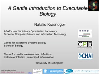 A Gentle Introduction to Executable
                        Biology

                                                Natalio Krasnogor
    ASAP - Interdisciplinary Optimisation Laboratory
    School of Computer Science and Information Technology


    Centre for Integrative Systems Biology
    School of Biology


    Centre for Healthcare Associated Infections
    Institute of Infection, Immunity & Inflammation

                                                 University of Nottingham

www.cs.nott.ac.uk/~nxk
ECSB II, Sant Feliu de Guixols, Spain
                                        1 /94
 