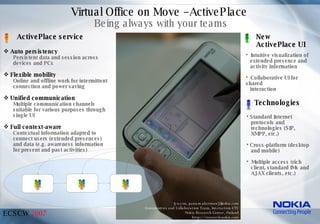 Virtual Office on Move –ActivePlace  Being always with your teams ECSCW   2007 New ActivePlace UI ,[object Object],[object Object],[object Object],[object Object],[object Object],[object Object],[object Object],[object Object],[object Object],[object Object],[object Object],[object Object],[object Object],Technologies ,[object Object],[object Object],[object Object],[object Object],[object Object],[object Object],[object Object],[object Object],[object Object],{yu.you, panu.m.akerman}@nokia.com Communities and Collaboration Team, Interaction CTC Nokia Research Center, Finland http://research.nokia.com ActivePlace service 