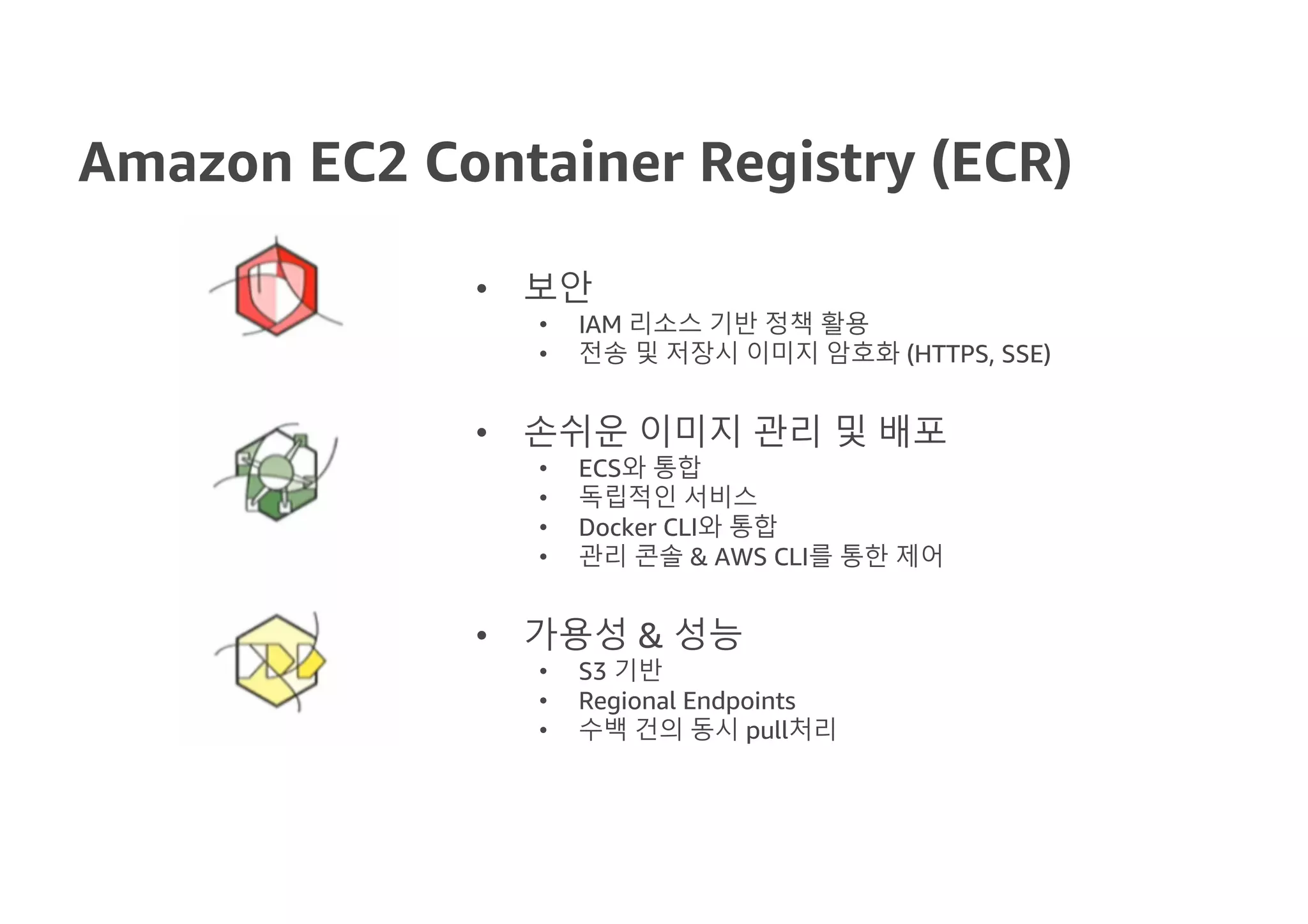 Amazon EC2 Container Registry (ECR)
• 보안
• IAM 리소스 기반 정책 활용
• 전송 및 저장시 이미지 암호화 (HTTPS, SSE)
• 손쉬운 이미지 관리 및 배포
• ECS와 통합
• 독립적인 서비스
• Docker CLI와 통합
• 관리 콘솔 & AWS CLI를 통한 제어
• 가용성 & 성능
• S3 기반
• Regional Endpoints
• 수백 건의 동시 pull처리
 