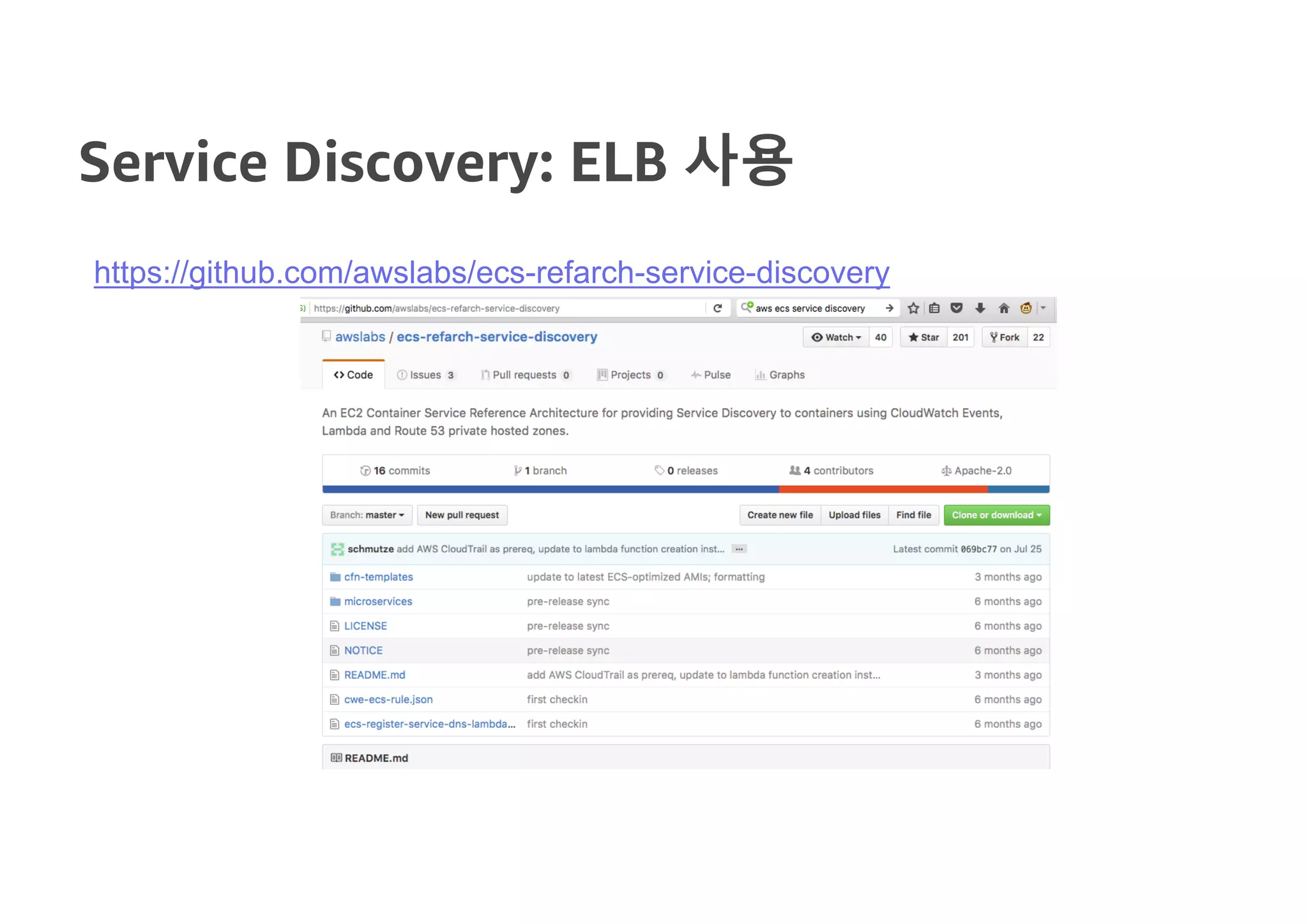 Service Discovery: ELB 사용
https://github.com/awslabs/ecs-refarch-service-discovery
 