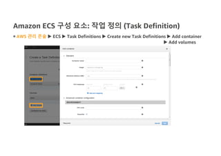 Amazon ECS 구성 요소: 작업 정의 (Task Definition)
◉ AWS 관리 콘솔 u ECS u Task Definitions u Create new Task Definitions u Add container
u Add volumes
 