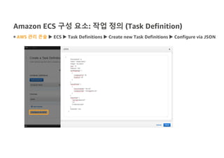 Amazon ECS 구성 요소: 작업 정의 (Task Definition)
◉ AWS 관리 콘솔 u ECS u Task Definitions u Create new Task Definitions u Configure via JSON
 