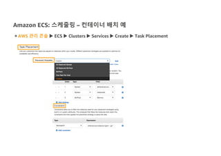 Amazon ECS: 스케줄링 – 컨테이너 배치 예
◉ AWS 관리 콘솔 u ECS u Clusters u Services u Create u Task Placement
 