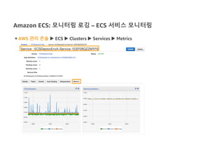 Amazon ECS: 모니터링 로깅 – ECS 서비스 모니터링
◉ AWS 관리 콘솔 u ECS u Clusters u Services u Metrics
 