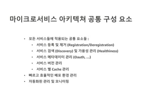 마이크로서비스 아키텍쳐 공통 구성 요소
• 모든 서비스들에 적용되는 공통 요소들 :
• 서비스 등록 및 제거 (Registration/Deregistration)
• 서비스 검색 (Discovery) 및 가용성 관리 (Healthiness)
• 서비스 메타데이터 관리 (Oauth, …)
• 서비스 버전 관리
• 서비스 별 Cache 관리
• 빠르고 효율적인 배포 환경 관리
• 자동화된 관리 및 모니터링
 