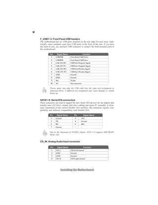 18


     F_USB1~3: Front Panel USB headers
     The motherboard has six USB ports installed on the rear edge I/O port array. Addi-
     tionally, some computer cases have USB ports at the front of the case. If you have
     this kind of case, use auxiliary USB connector to connect the front-mounted ports to
     the motherboard.

                Pin     Signal Name                       Function
                 1     USBPWR           Front Panel USB Power
                 2     USBPWR           Front Panel USB Power
                 3     USB_FP_P0-       USB Port 0 Negative Signal
                 4     USB_FP_P1-       USB Port 1 Negative Signal
                 5     USB_FP_P0+       USB Port 0 Positive Signal
                  6    USB_FP_P1+       USB Port 1 Positive Signal
                 7     GND              Ground
                 8     GND              Ground
                  9    Key              No pin
                 10    NC               Not connected

                Please make sure that the USB cable has the same pin assignment as
                indicated above. A different pin assignment may cause damage or system
                hang-up.


     SATA1~6: Serial ATA connectors
     These connectors are used to support the new Serial ATA devices for the highest date
     transfer rates (3.0 Gb/s), simpler disk drive cabling and easier PC assembly. It elimi-
     nates limitations of the current Parallel ATA interface. But maintains register com-
     patibility and software compatibility with Parallel ATA.

                Pin     Signal Name         Pin           Signal Name
                 1     Ground                2        TX+
                 3     TX-                   4        Ground
                 5     RX-                   6        RX+
                 7     Ground                -        -

                Due to the limitation of NVIDIA chipset, SATA 5~6 support AHCI/RAID
                Mode only.


     CD_IN: Analog Audio Input connector

                Pin      Signal Name                      Function
                  1    CD_L             CD In left channel
                  2    GND              Ground
                  3    GND              Ground
                  4    CD_R             CD In right channel




                             Installing the Motherboard
 