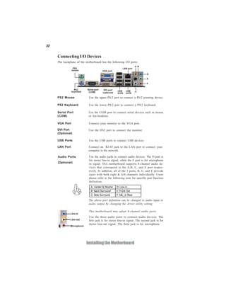 22


     Connecting I/O Devices
     The backplane of the motherboard has the following I/O ports:




     PS2 Mouse              Use the upper PS/2 port to connect a PS/2 pointing device.

     PS2 Keyboard           Use the lower PS/2 port to connect a PS/2 keyboard.

     Serial Port            Use the COM port to connect serial devices such as mouse
     (COM)                  or fax/modems.

     VGA Port               Connect your monitor to the VGA port.

     DVI Port               Use the DVI port to connect the monitor.
     (Optional)

     USB Ports              Use the USB ports to connect USB devices.

     LAN Port               Connect an RJ-45 jack to the LAN port to connect your
                            computer to the network.

     Audio Ports            Use the audio jacks to connect audio devices. The D port is
                            for stereo line-in signal, while the F port is for microphone
     (Optional)             in signal. This motherboard supports 8-channel audio de-
                            vices that correspond to the A,B, C, and E port respec-
                            tively. In addition, all of the 3 ports, B, C, and E provide
                            users with both right & left channels individually. Users
                            please refer to the following note for specific port function
                            definition.
                              A: Center & Woofer   D: Line-in
                              B: Back Surround     E: Front Out
                              C: Side Surround     F: Mic_in Rear

                            The above port definition can be changed to audio input or
                            audio output by changing the driver utility setting.

                            This motherboard may adopt 6-channel audio ports.
                            Use the three audio ports to connect audio devices. The
                            first jack is for stereo line-in signal. The second jack is for
                            stereo line-out signal. The third jack is for microphone.




                          Installing the Motherboard
 