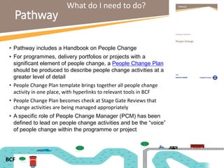What do I need to do?
BCF
• Pathway includes a Handbook on People Change
• For programmes, delivery portfolios or projects with a
significant element of people change, a People Change Plan
should be produced to describe people change activities at a
greater level of detail
• People Change Plan template brings together all people change
activity in one place, with hyperlinks to relevant tools in BCF
• People Change Plan becomes check at Stage Gate Reviews that
change activities are being managed appropriately
• A specific role of People Change Manager (PCM) has been
defined to lead on people change activities and be the “voice”
of people change within the programme or project
 
