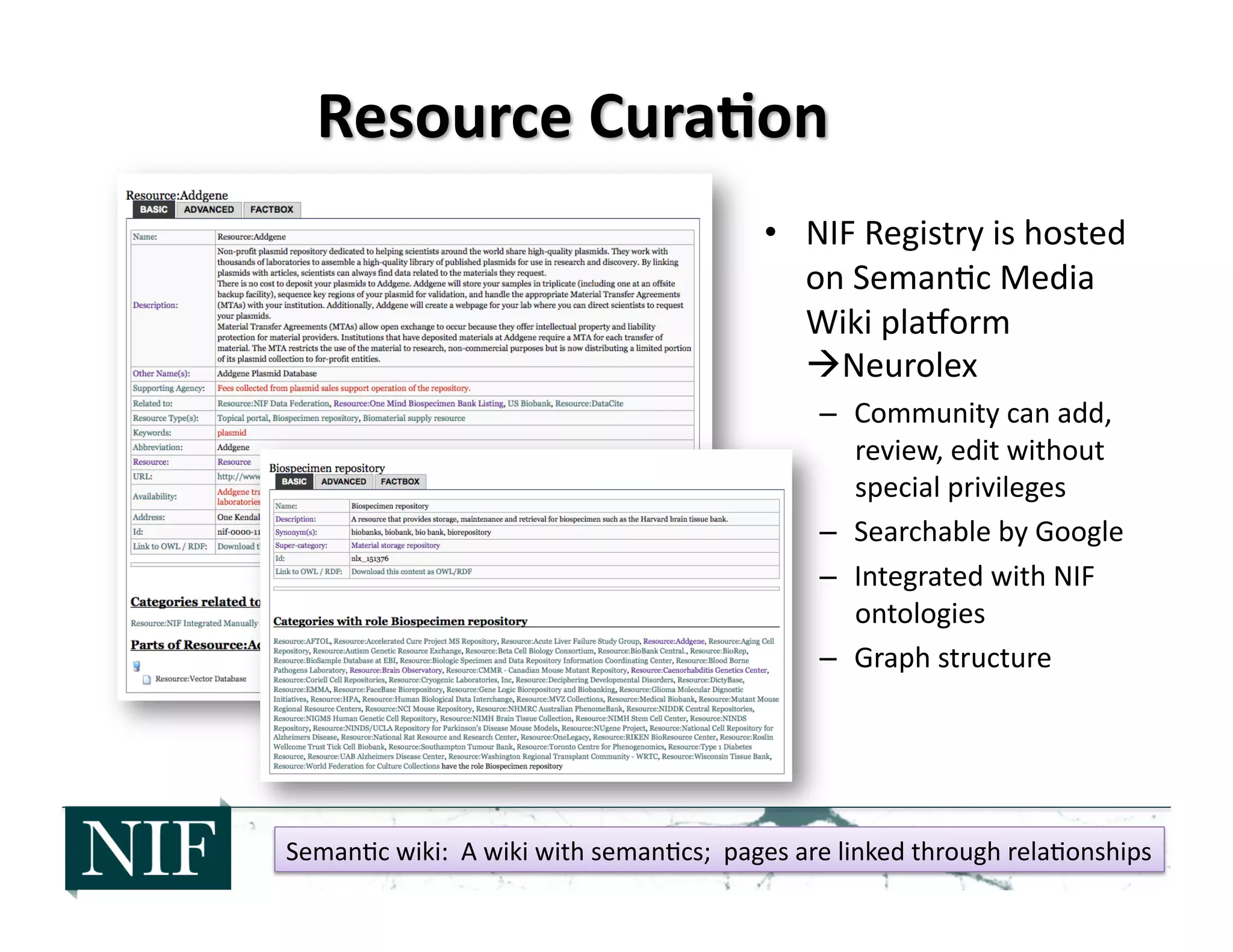 12	
  
•  NIF	
  Registry	
  is	
  hosted	
  
on	
  Seman>c	
  Media	
  
Wiki	
  pla]orm	
  
Neurolex	
  
–  Community	
  can	
  add,	
  
review,	
  edit	
  without	
  
special	
  privileges	
  
–  Searchable	
  by	
  Google	
  
–  Integrated	
  with	
  NIF	
  
ontologies	
  
–  Graph	
  structure	
  
Seman>c	
  wiki:	
  	
  A	
  wiki	
  with	
  seman>cs;	
  	
  pages	
  are	
  linked	
  through	
  rela>onships	
  
 