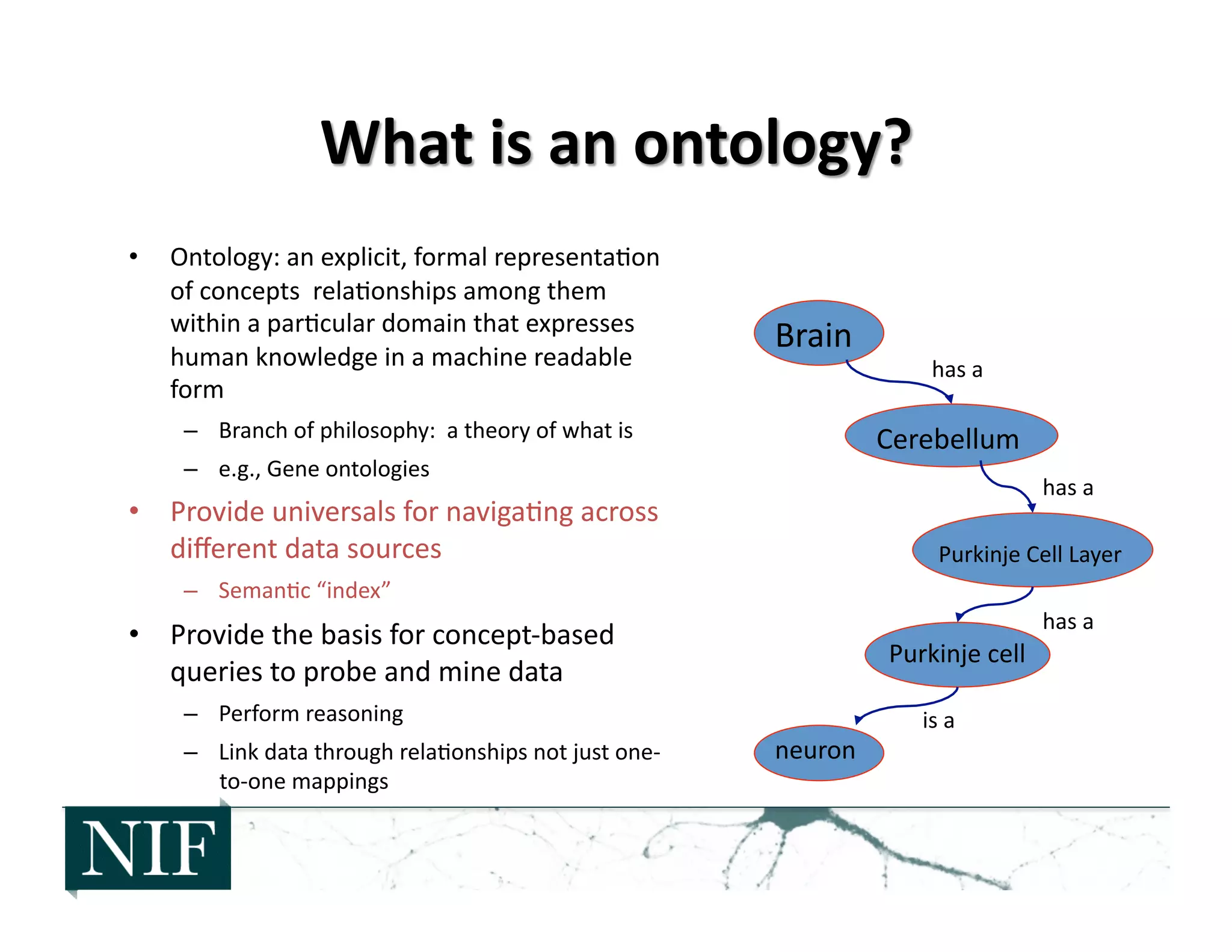 Brain	
  
Cerebellum	
  
Purkinje	
  Cell	
  Layer	
  
Purkinje	
  cell	
  
neuron	
  
has	
  a	
  
has	
  a	
  
has	
  a	
  
is	
  a	
  
•  Ontology:	
  an	
  explicit,	
  formal	
  representa>on	
  
of	
  concepts	
  	
  rela>onships	
  among	
  them	
  
within	
  a	
  par>cular	
  domain	
  that	
  expresses	
  
human	
  knowledge	
  in	
  a	
  machine	
  readable	
  
form	
  
–  Branch	
  of	
  philosophy:	
  	
  a	
  theory	
  of	
  what	
  is	
  
–  e.g.,	
  Gene	
  ontologies	
  
•  Provide	
  universals	
  for	
  naviga>ng	
  across	
  
diﬀerent	
  data	
  sources	
  
–  Seman>c	
  “index”	
  
•  Provide	
  the	
  basis	
  for	
  concept-­‐based	
  
queries	
  to	
  probe	
  and	
  mine	
  data	
  
–  Perform	
  reasoning	
  
–  Link	
  data	
  through	
  rela>onships	
  not	
  just	
  one-­‐
to-­‐one	
  mappings	
  
 
